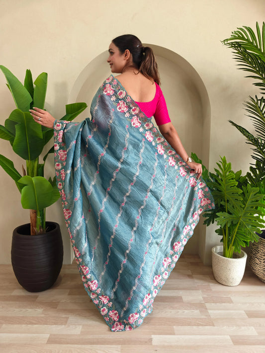 Delightful Crush Silk Teal Blue Color Saree