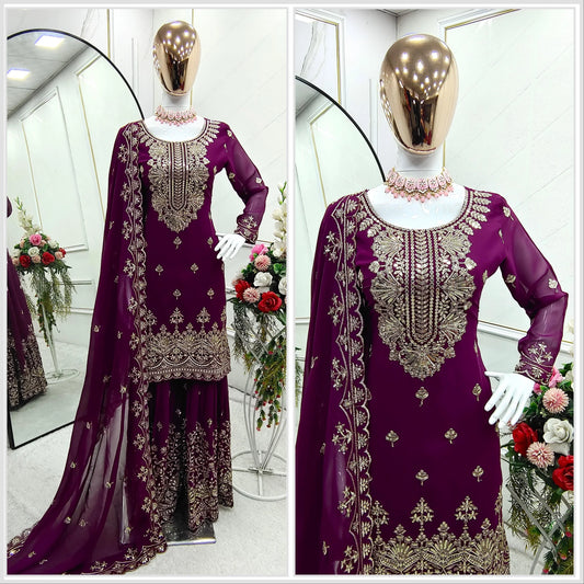 Fabulous Georgette Wine Color Sharara Suit