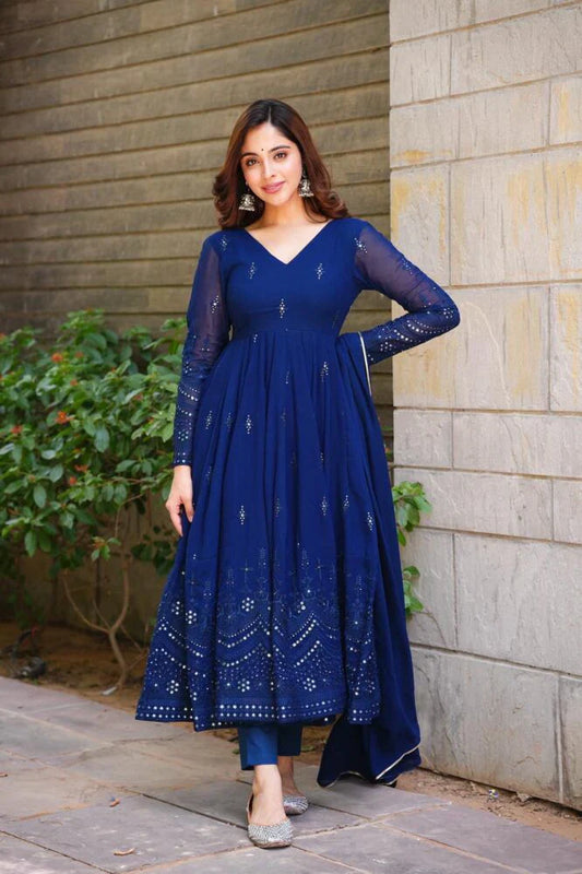 Fantastic Georgette Navy Blue Color Gown