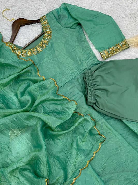 Delightful Embroidery Teal Blue Color Anarkali Gown with Dupatta