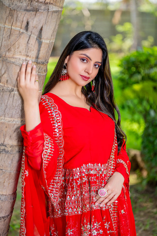 Designer Georgette Red Color Sharara Suit