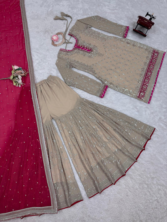 '-44%   Ravishing Sequence Georgette Beige Color Sharara Suit