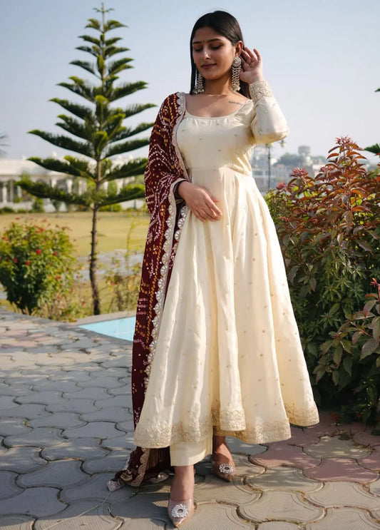 Beautiful Sequence Work White Gown With Bandhani Dupatta