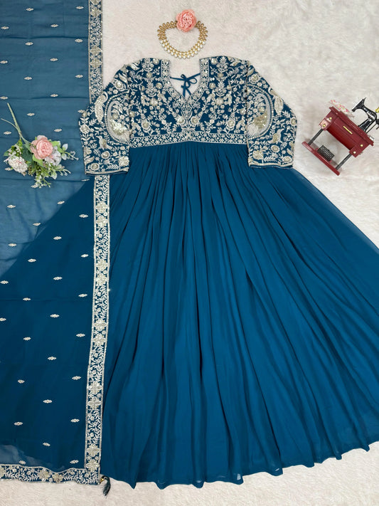 Flattering Heavy Work Navy Blue Color Gown