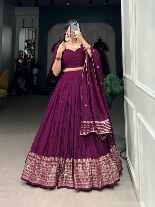 Pure Chanderi Plain Lehenga with Intricate Zari Work Border,