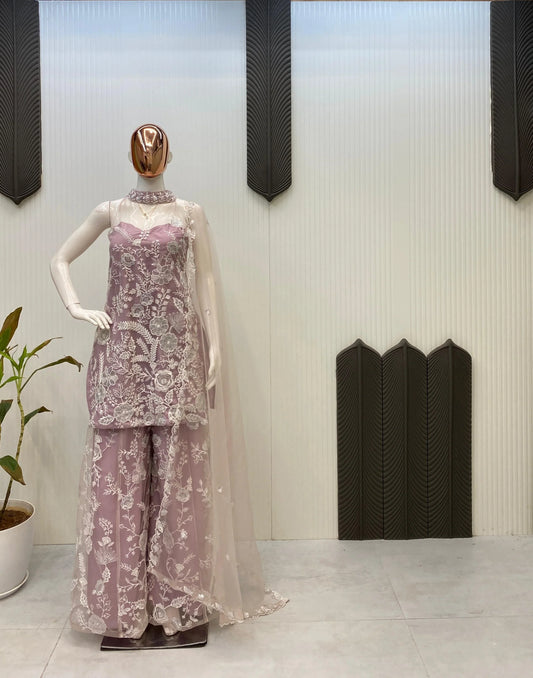 Adorable Embroidery Work Pink Color Palazzo Suit