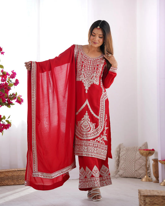 Charming Embroidery Work Red Color Palazzo Suit