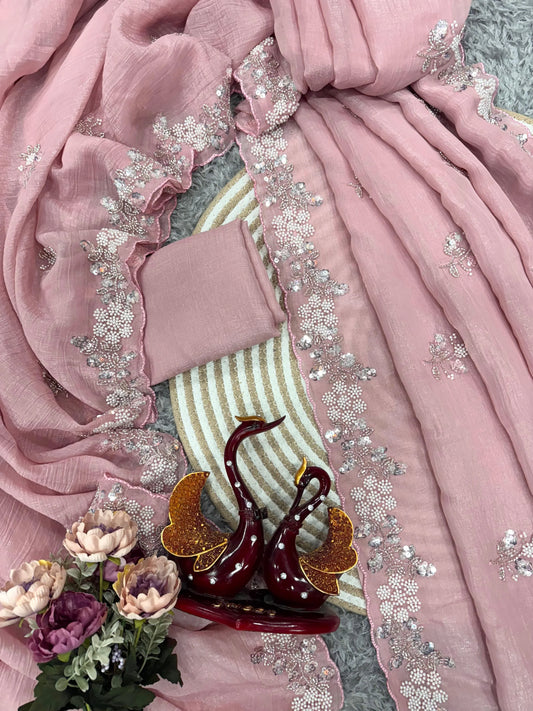Designer Pearls Work Pink Color Saree