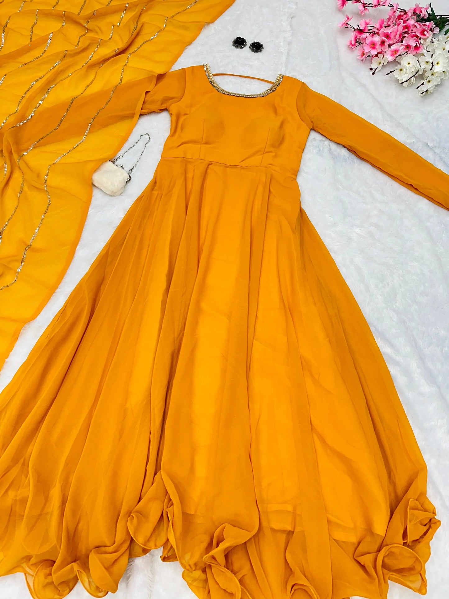 Festive Wear Shine Border Orange Color Gown