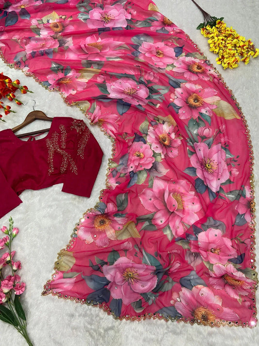 Beautiful Digital Print Pink Color Saree