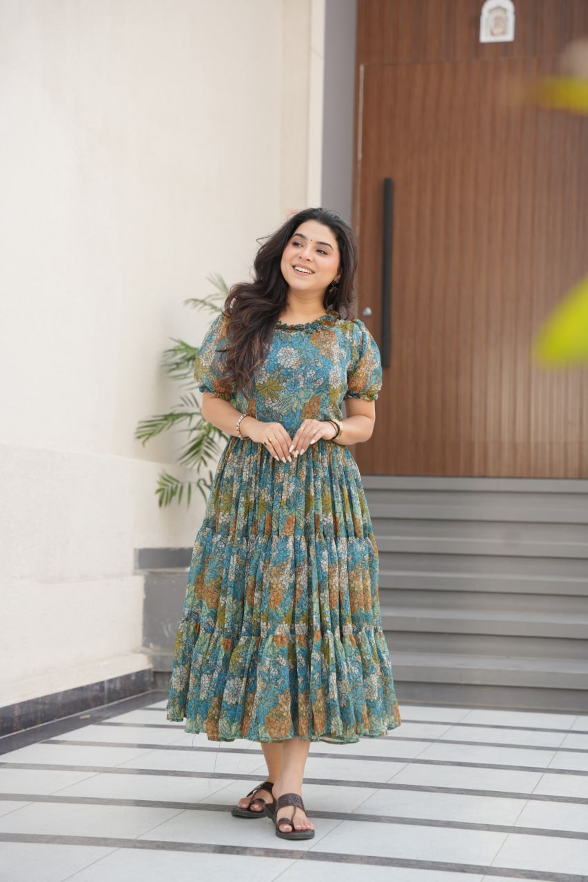 Desirable Women's Full Flair Gown Made With Faux Georgette Fabrics With Print