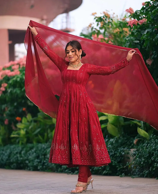Marvelous Thred And Sequence Work Red Color Anarkali Suit
