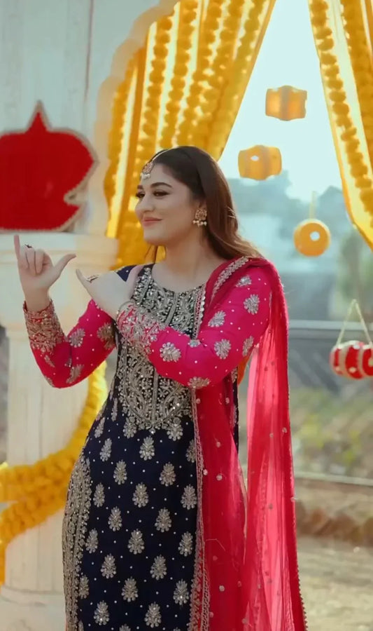 Navy Blue Color Heavy Embroidery Work Palazzo Suit