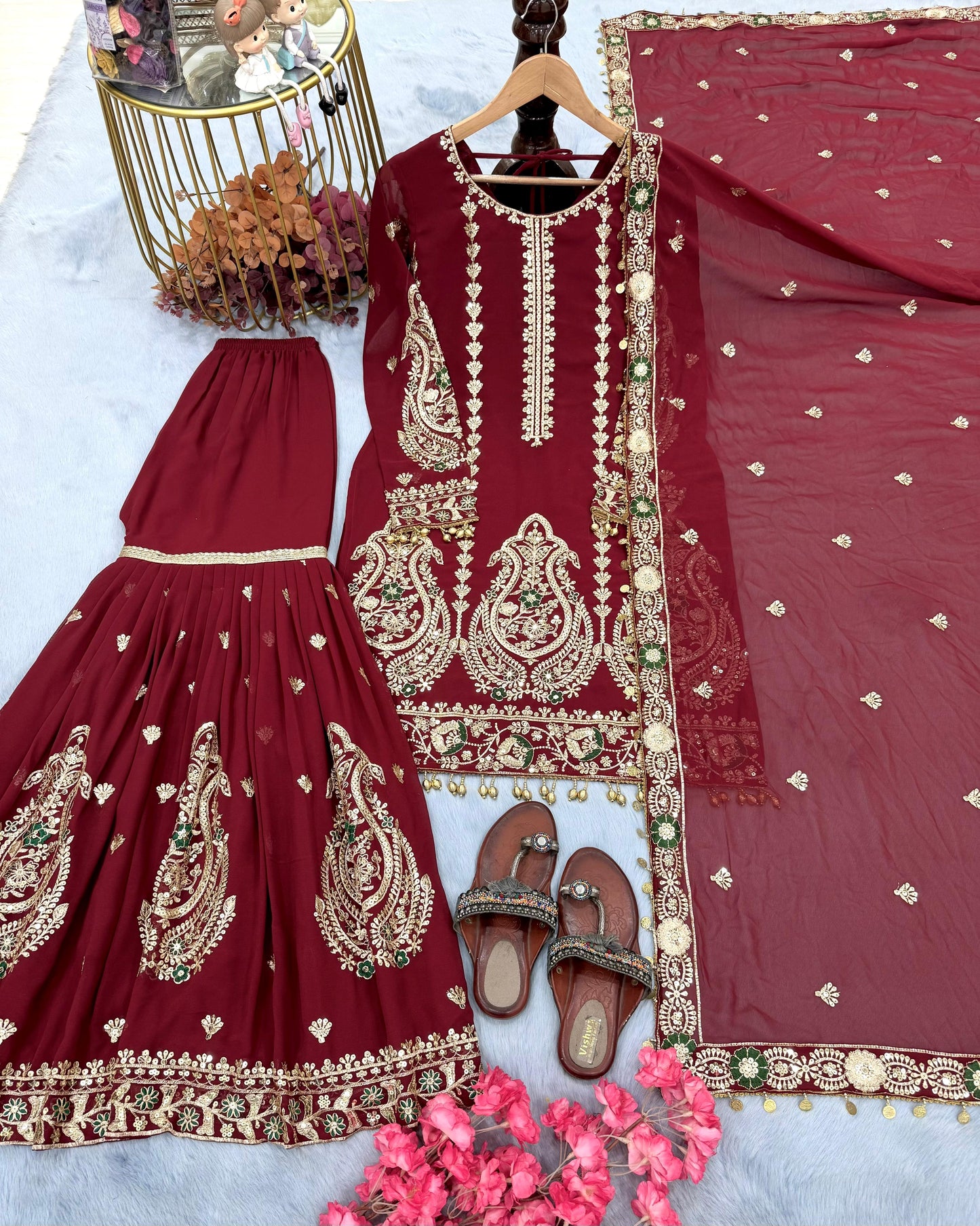 Designer Sequence Heavy Work Maroon Color Sharara Suit