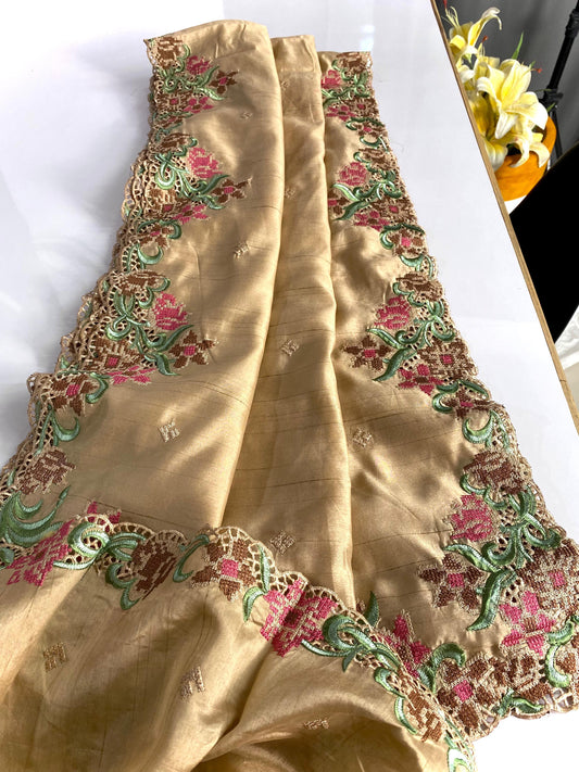 Wedding Wear Tussar Silk Cream Color Saree