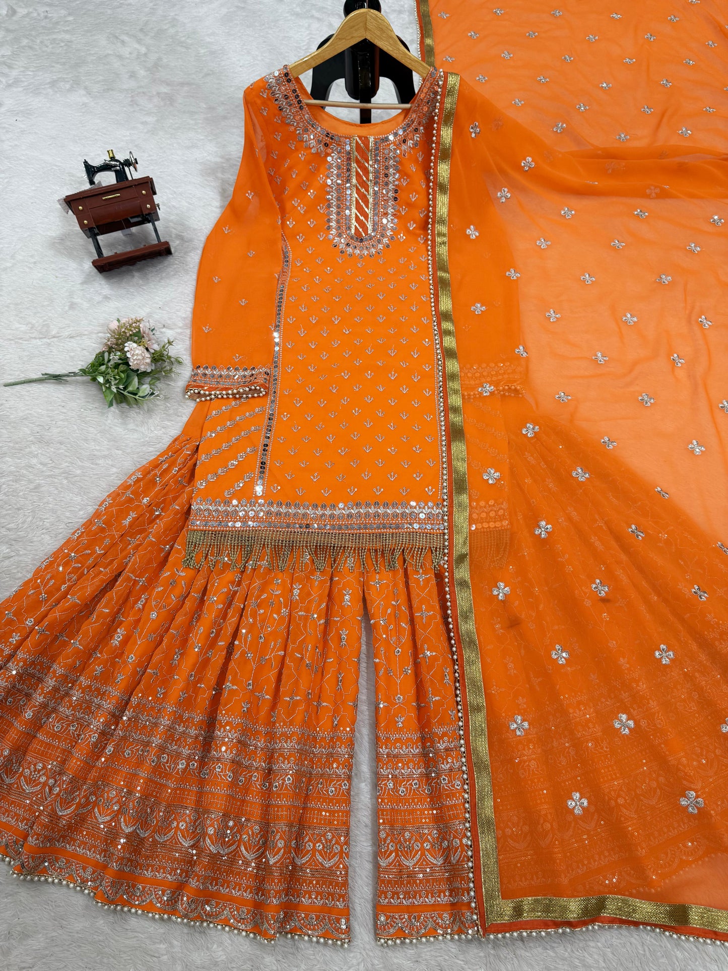 Blissful Gorgette Sequence Work Orange Color Sharara Suit