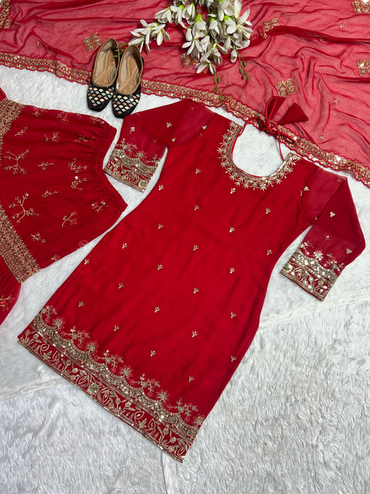 Presenting Georgette Red Color Embroidery Work Sharara Suit
