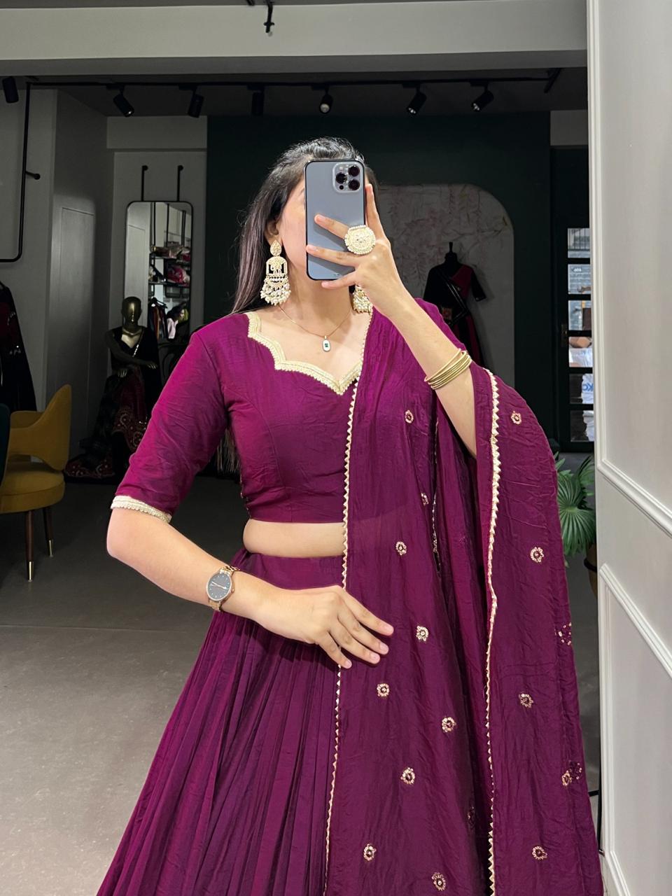 Pure Chanderi Plain Lehenga with Intricate Zari Work Border,
