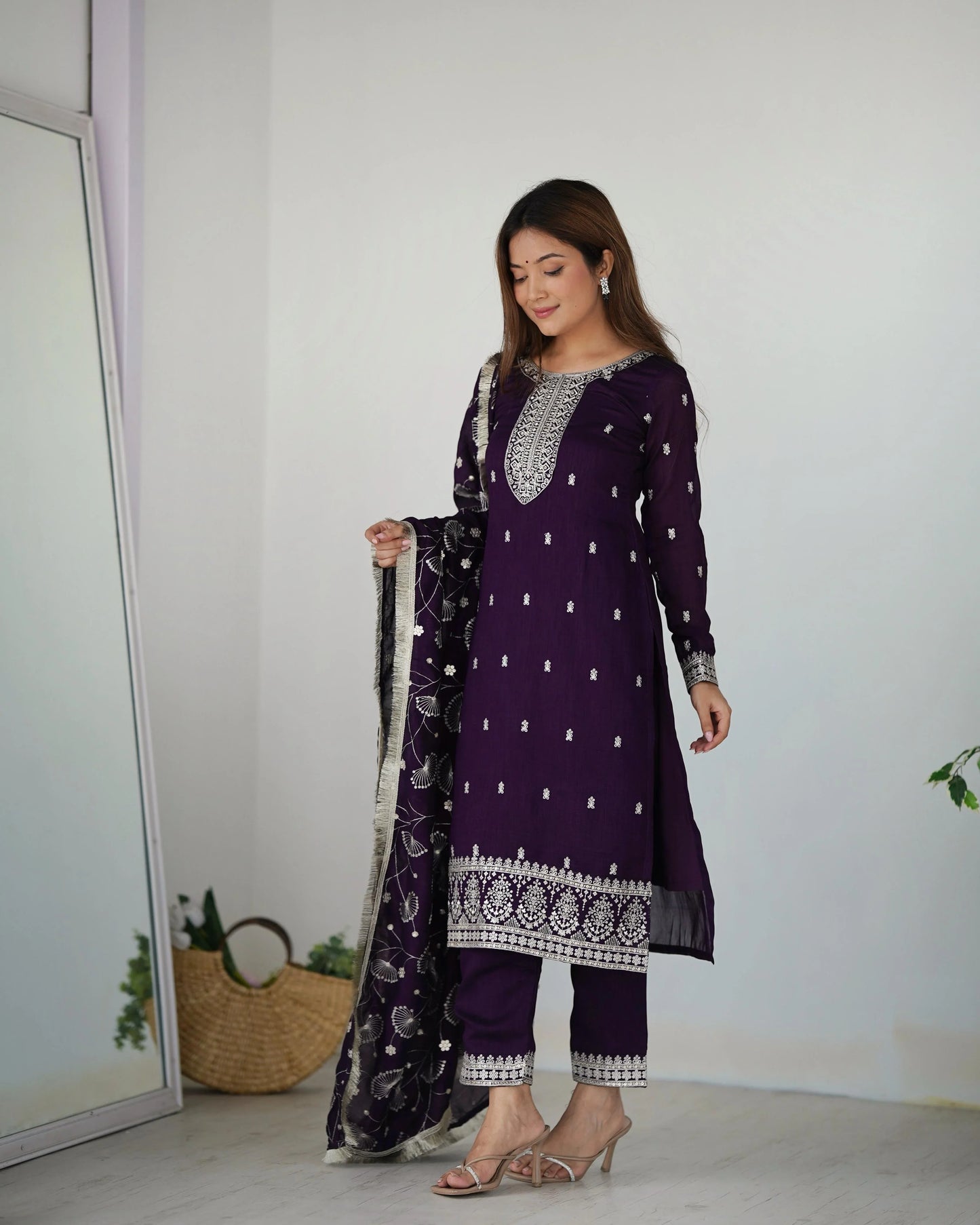 Attractive Wine Color Color Rangoli Silk Fabric Kurta With Dupatta Set