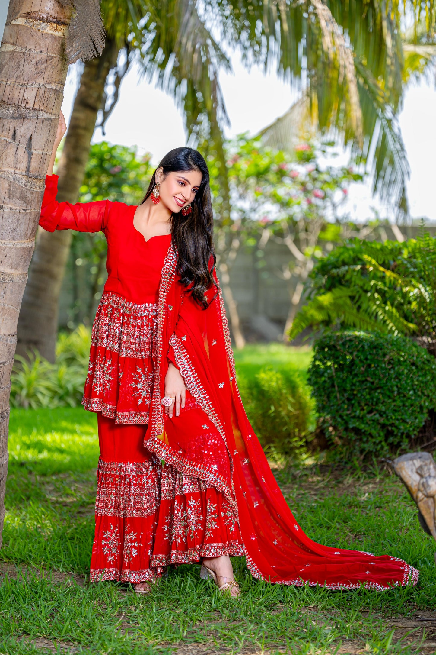 Designer Georgette Red Color Sharara Suit