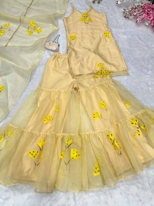 Designer Organza Yellow Color Sharara Suit