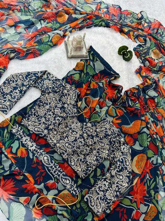 Designer Georgette Navy Blue Multi Color Ready To Wear Saree