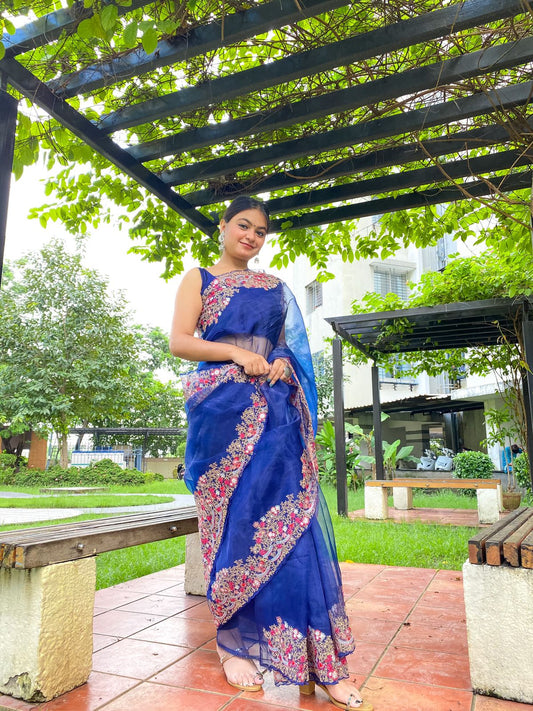Lovely Organza Silk Navy Blue Color Saree