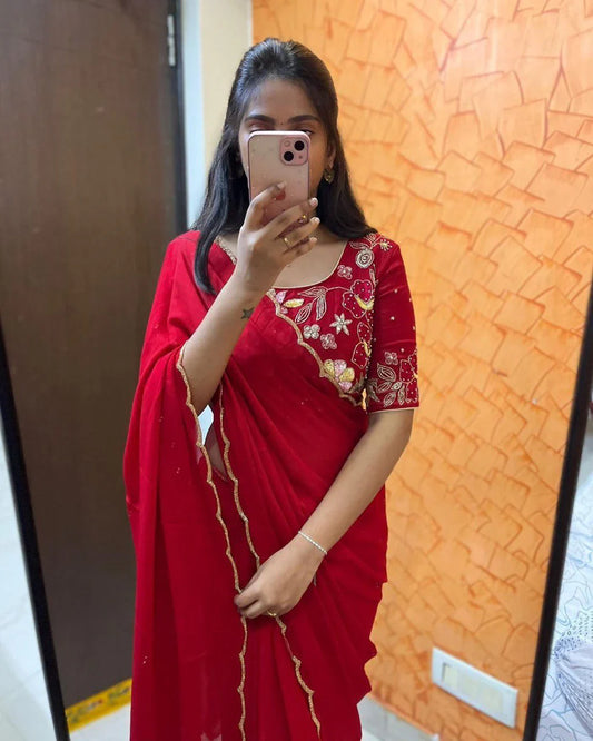 Elegant Georgette Hand Work Red Color Saree