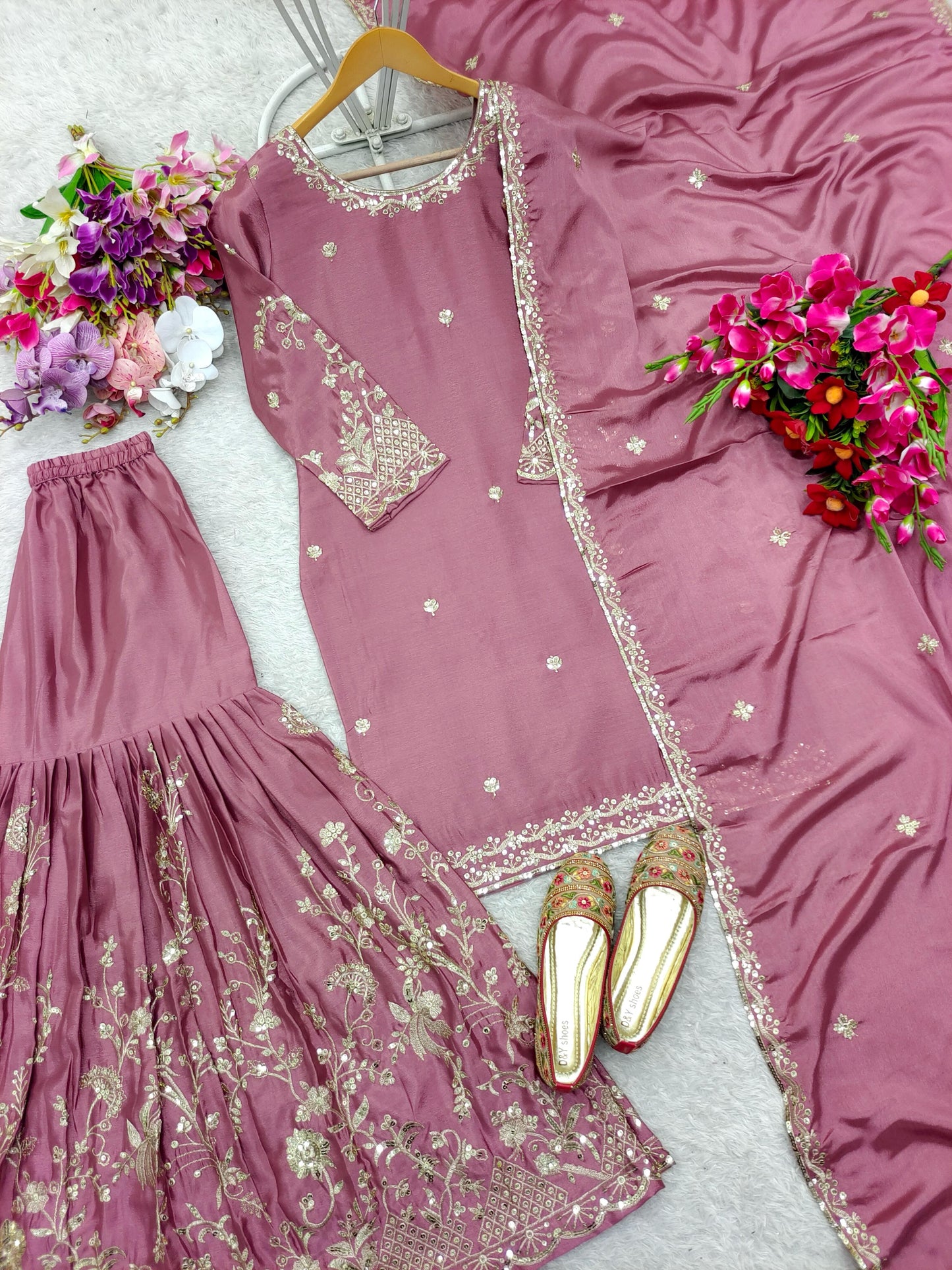 Exotic Chinon Silk Embroidery Work Pink Color Sharara Suit