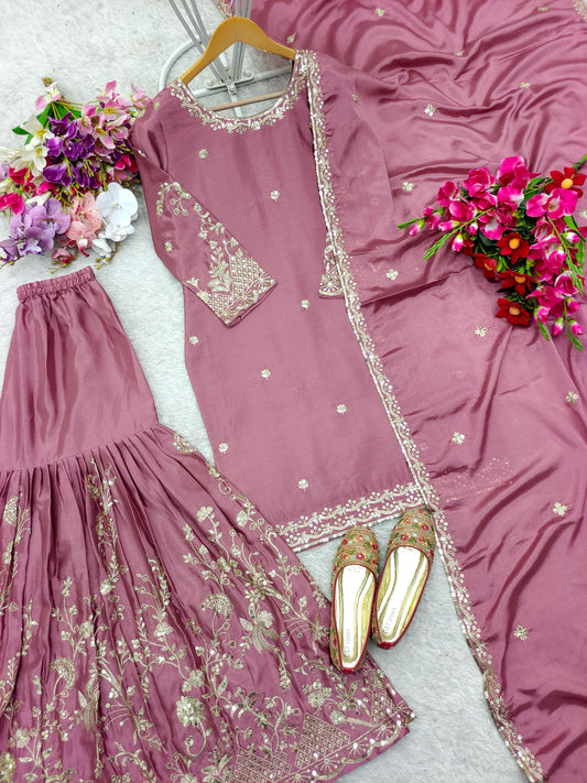 Exotic Chinon Silk Embroidery Work Pink Color Sharara Suit