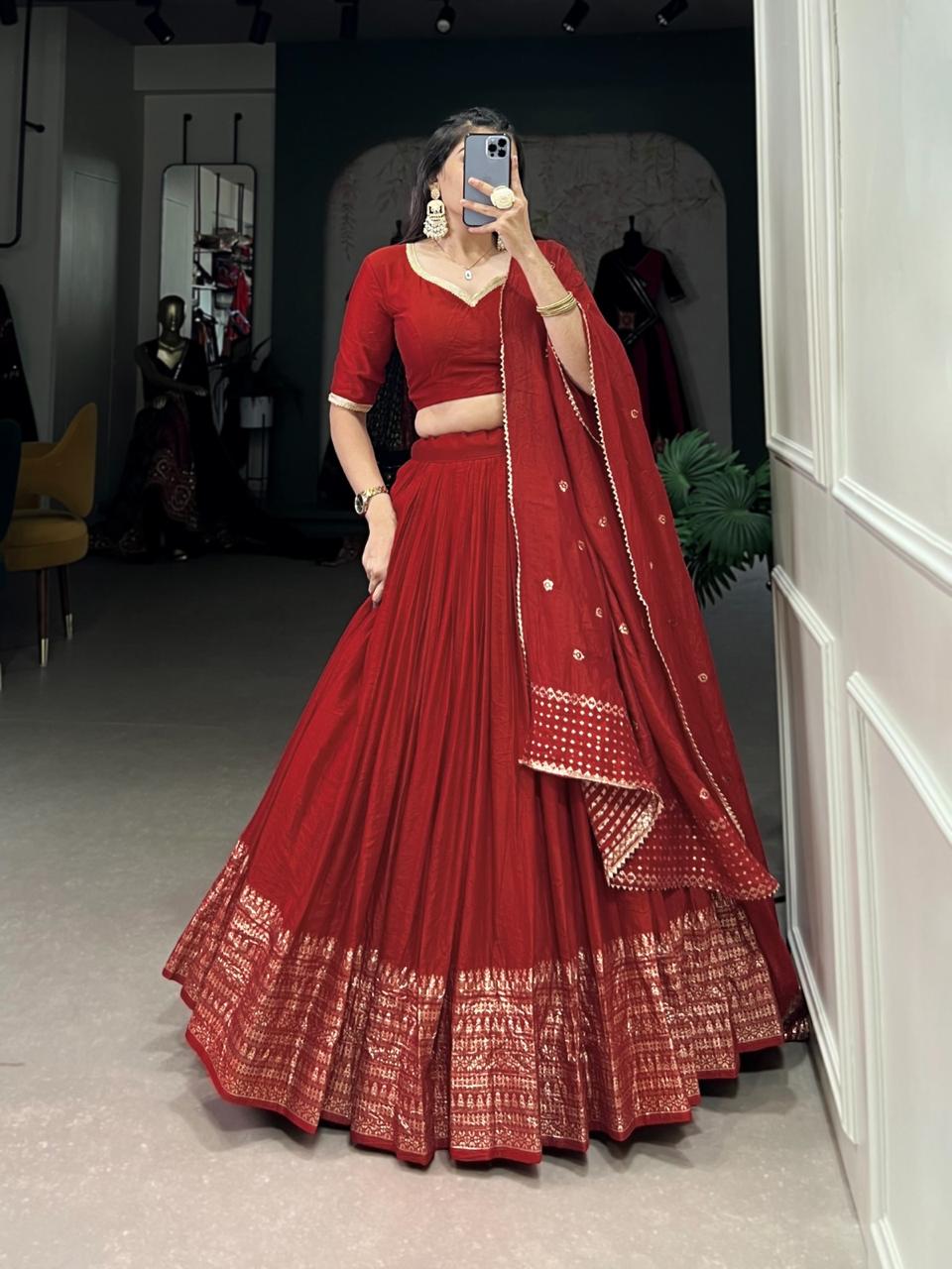 Pure Chanderi Plain Lehenga with Intricate Zari Work Border,