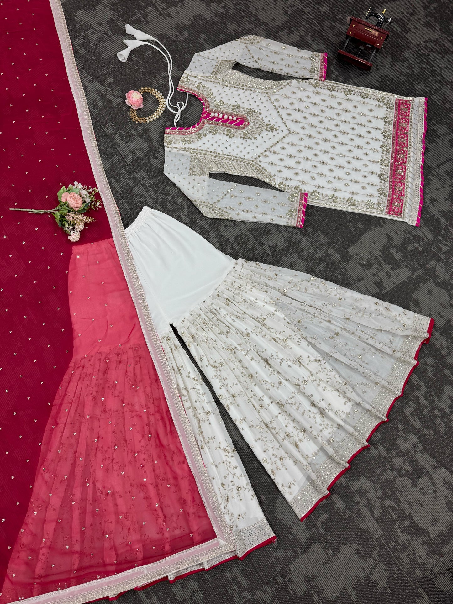 Ravishing Sequence Georgette White Color Sharara Suit