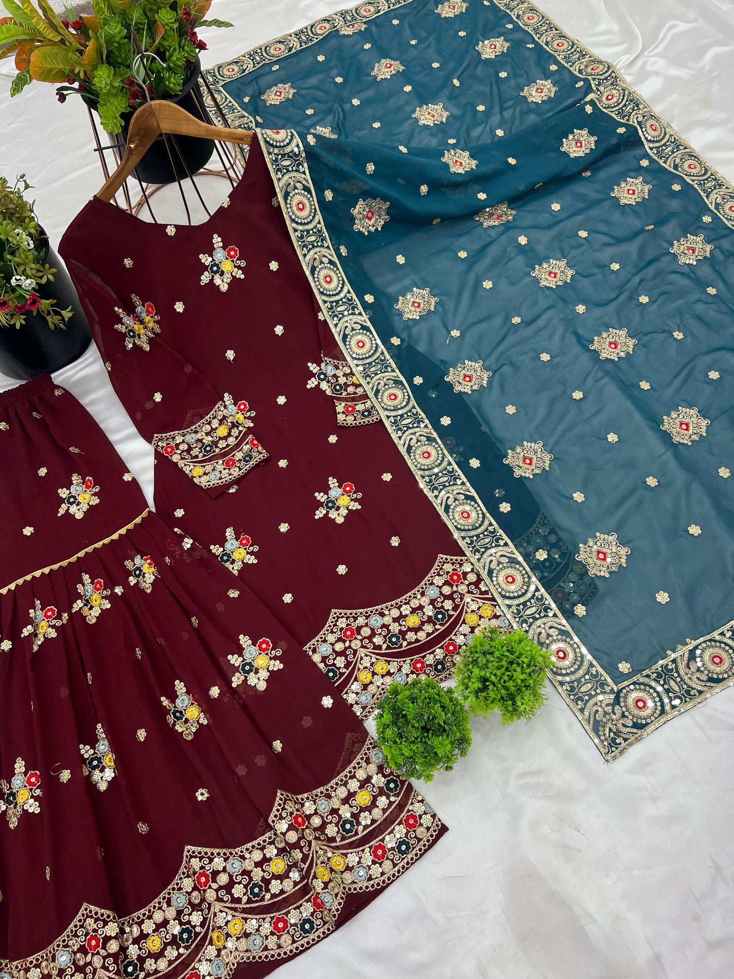 Mesmerizing Maroon Color Sharara Suit With Dupatta