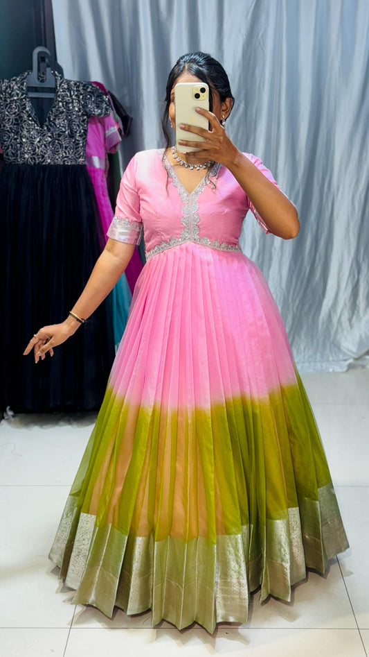 pink and green !!silver borders adding elegance paired with heavy embroidery duppta!