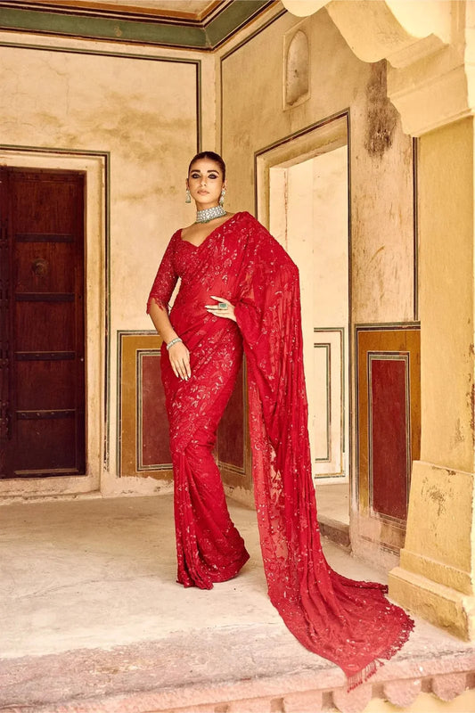 Daisy Georgette Red Color Embroidery Work Saree