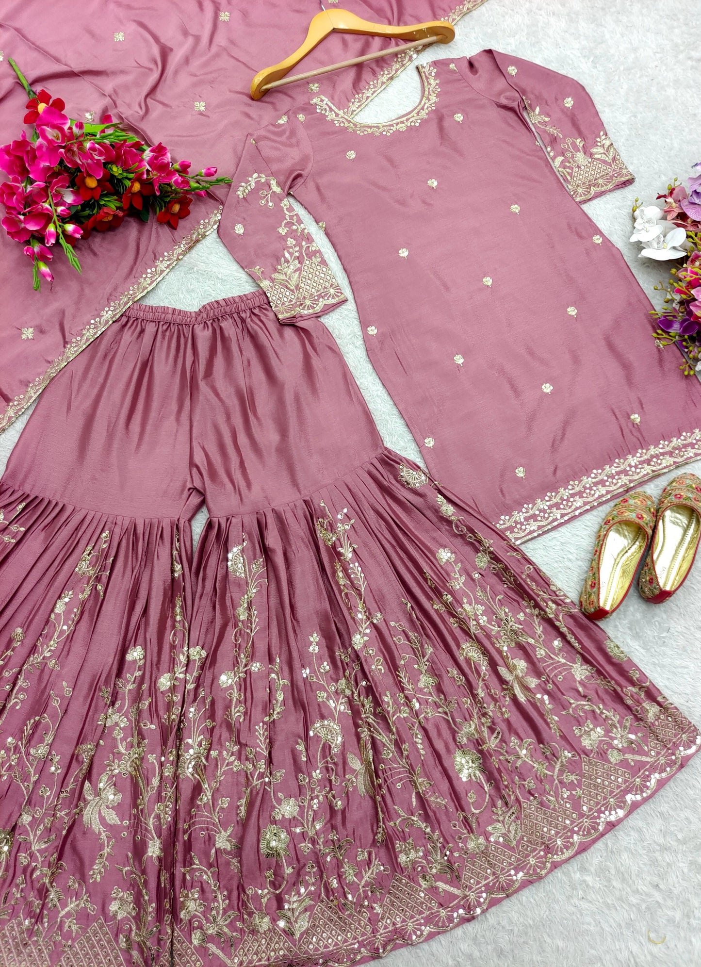 Exotic Chinon Silk Embroidery Work Pink Color Sharara Suit