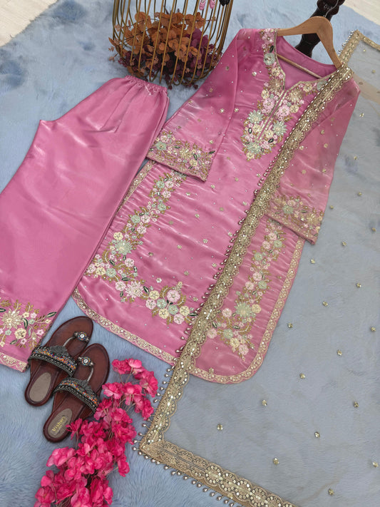 Stunning Sequence Work Pink Color Palazzo Suit
