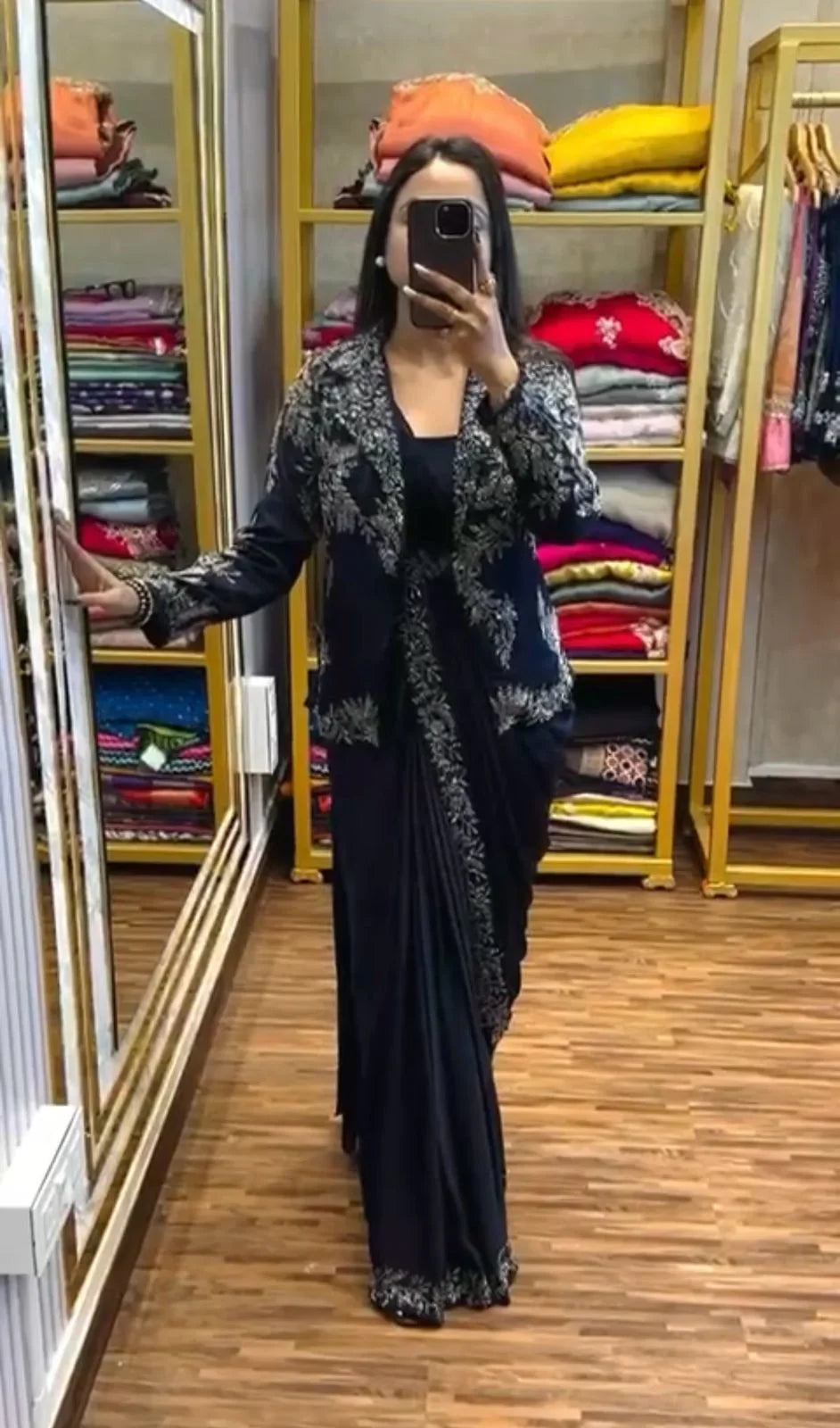 Designer Black Color Embroidery Work Saree With Koti