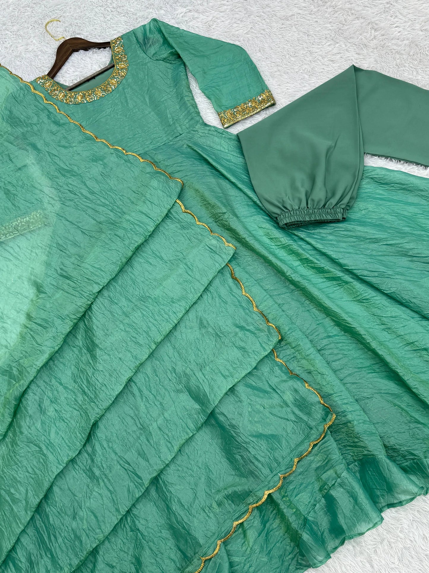 Delightful Embroidery Teal Blue Color Anarkali Gown with Dupatta
