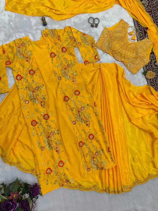 Eyes Catching Chinon Silk Yellow Color Ready To Wear Saree With Koti