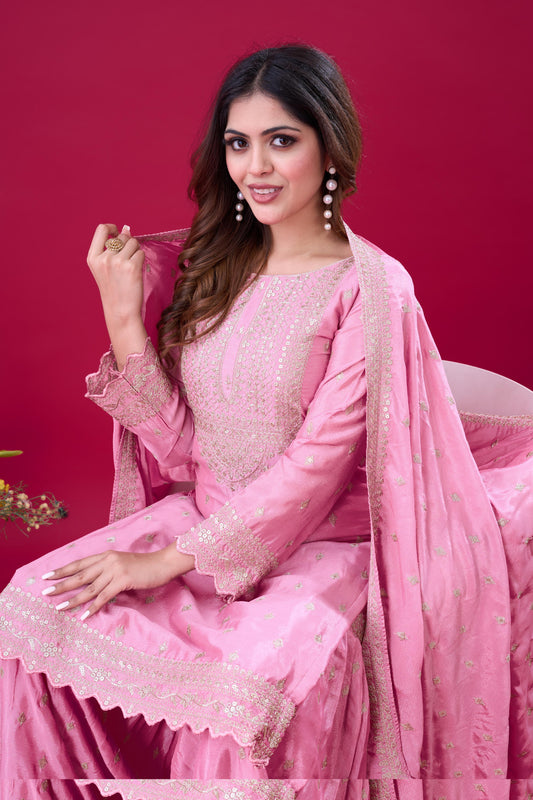Heavy Embroidery Work Light Pink Color Sharara Suit