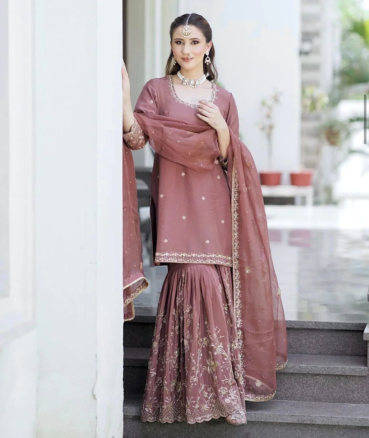 Exotic Chinon Silk Embroidery Work Pink Color Sharara Suit