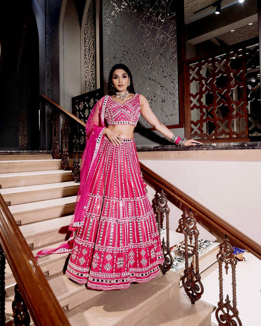 Reception Wear Heavy Work Pink Color Lehenga Choli