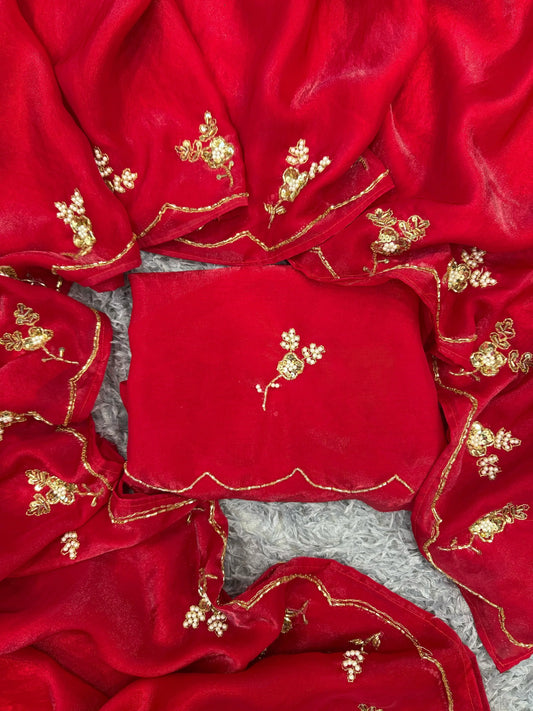 Stunning Sequins Handwork Red Color Saree