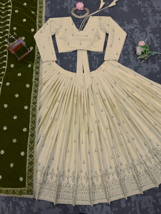 Party Wear Thread With Sequence Work Of White Color Lehenga Choli