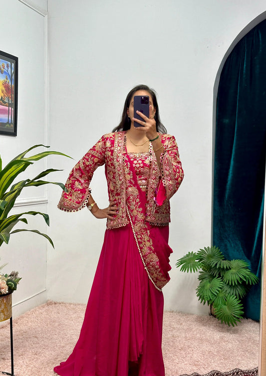 Presenting Embroidery Work Pink Color Ready To Wear Saree