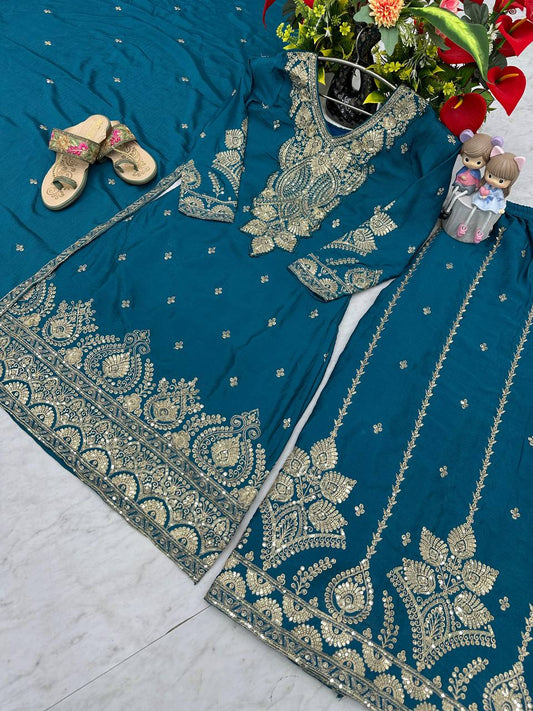 Launching New Designer Party Wear Top Plazzo & Dupatta Set blue