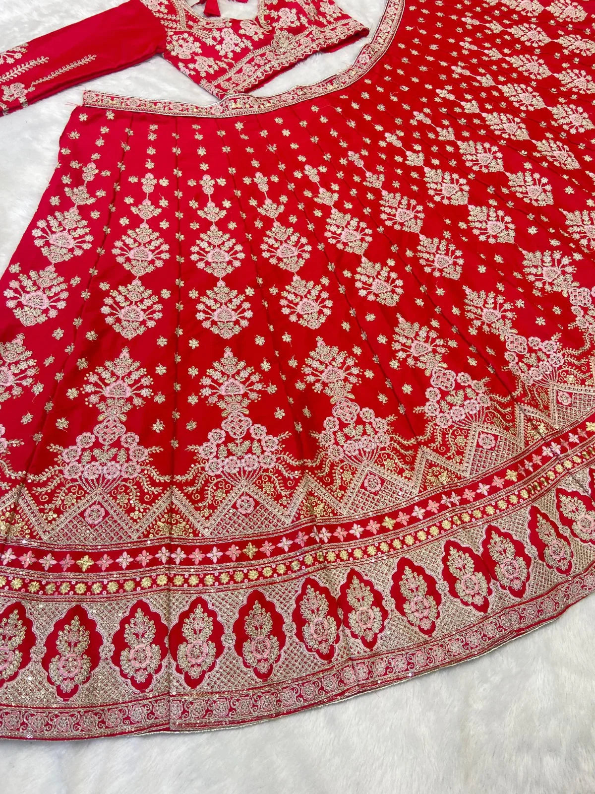 Fabulous Malai Satin Red Color Bridal Lehenga Choli