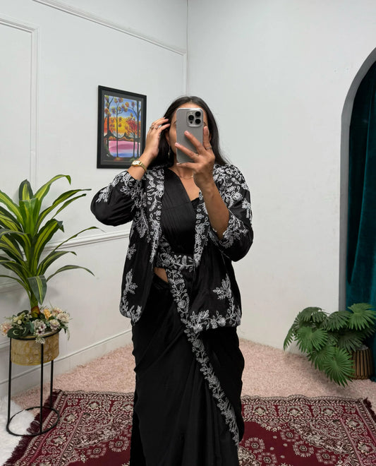 Designer Black Color Embroidery Work Saree With Koti