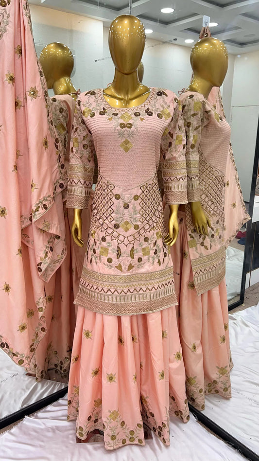Elegant Jalpari Cotton Embroidery Work Peach Color Sharara Suit